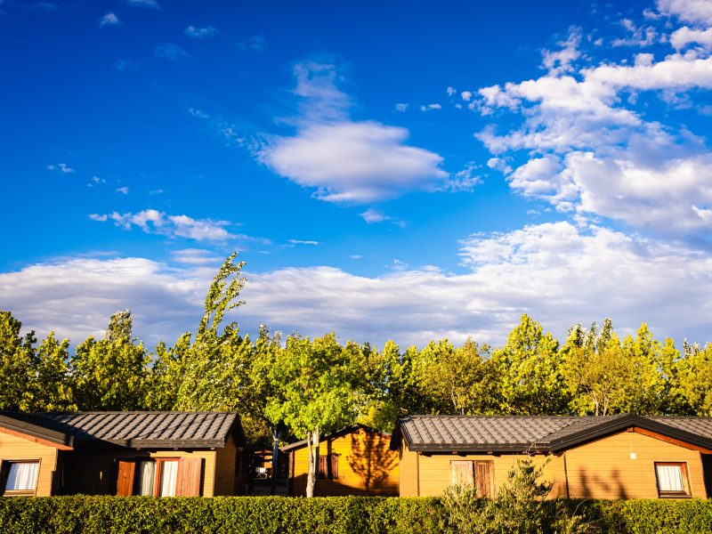 Bungalows, portable wooden houses, in a summer holiday resort.